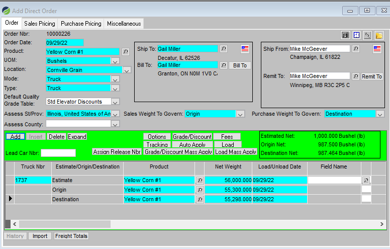 Grain Direct Order screen