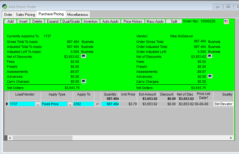 Grain Direct Order screen 3